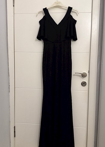 Siyah Uzun V Yaka Drapeli Kadın balık abiye elbise - Görsel 2