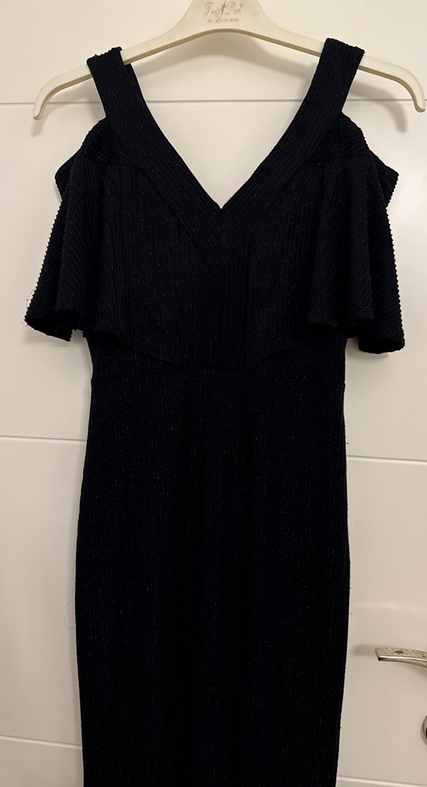 Siyah Uzun V Yaka Drapeli Kadın balık abiye elbise - Görsel 3