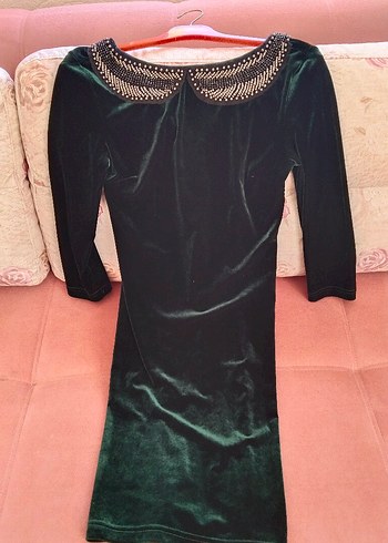 Uzun Yeşil Kadife Nakışlı Vintage Elbise