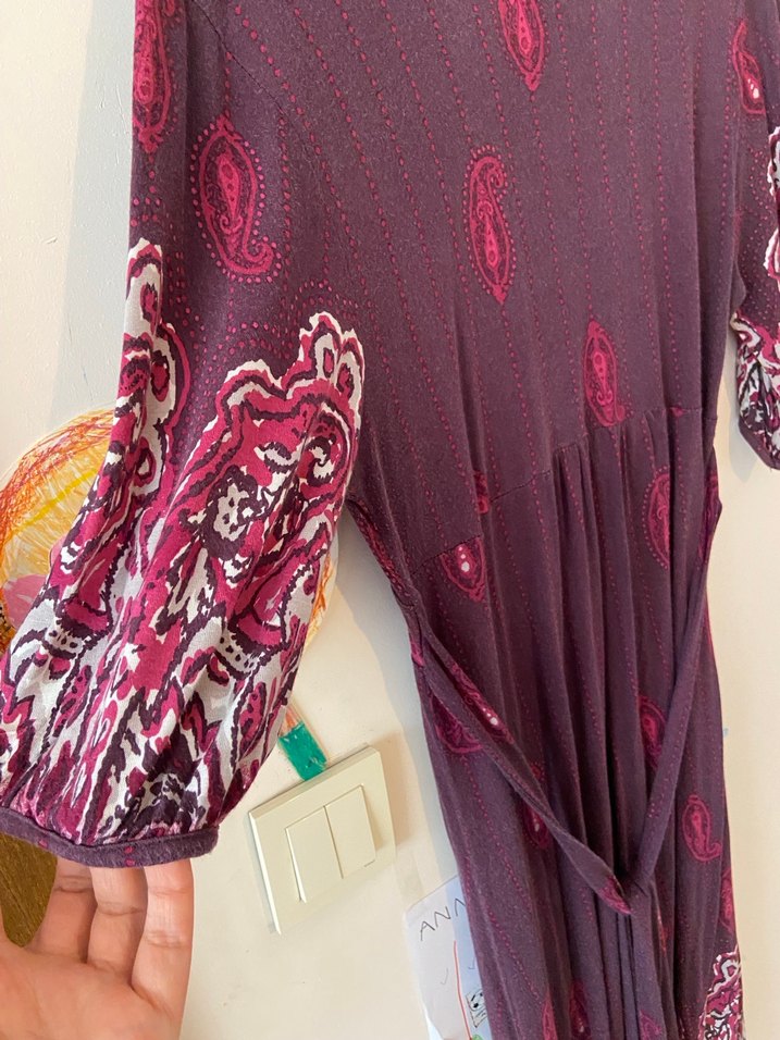 Uzun Mor Desenli vintage elbise midi boy - Görsel 5