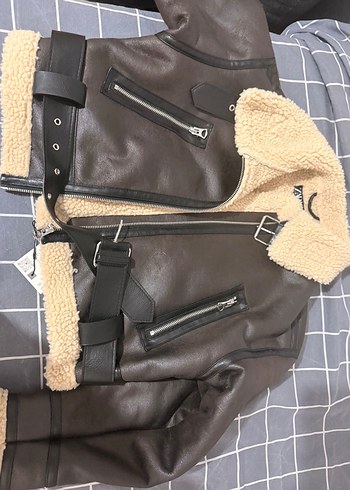 xs Beden zara Kürklü Kahverengi Deri Kadın Biker Ceket