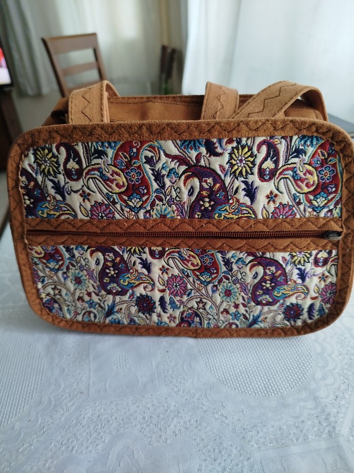 Renkli Desenli Kahverengi Süet Bohem Çanta - Görsel 2