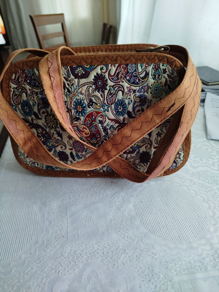 Renkli Desenli Kahverengi Süet Bohem Çanta - Görsel 4