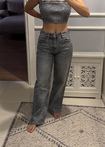 Zara Parlak Gumus Payetli Crop Top Yuksek Bel Kot Pantolon