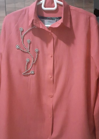 Düğmeli Pembe Uzun Kollu Kadın Gömlek - Görsel 2