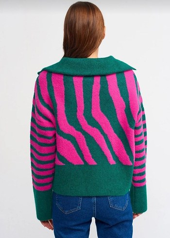Pembe Yeşil Zebra Desenli Örgü Kadın Kazak - Görsel 2