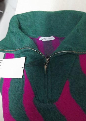 Pembe Yeşil Zebra Desenli Örgü Kadın Kazak - Görsel 4