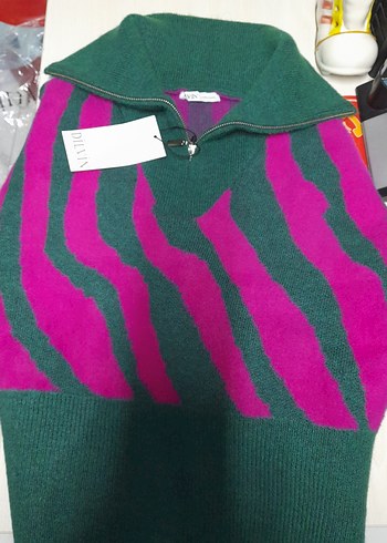 Pembe Yeşil Zebra Desenli Örgü Kadın Kazak - Görsel 5