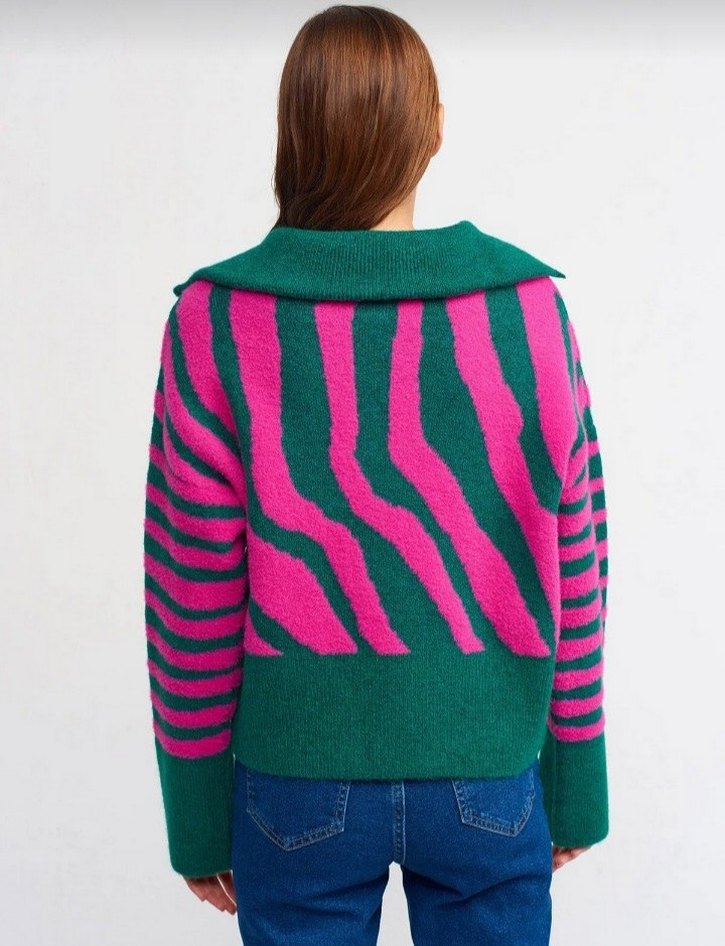 Pembe Yeşil Zebra Desenli Örgü Kadın Kazak - Görsel 2