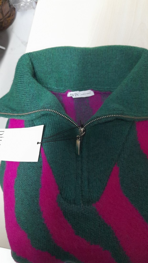 Pembe Yeşil Zebra Desenli Örgü Kadın Kazak - Görsel 4