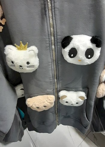 Peluş Oyuncaklı Gri Kapüşonlu Ceket - Görsel 2