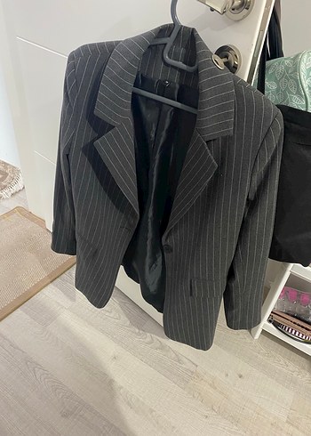 s Beden Çizgili Gri Kadın Blazer Ceket