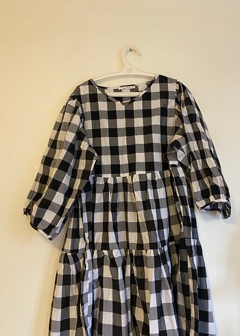 Gri Ekose Fırfırlı Midi Elbise - Görsel 3