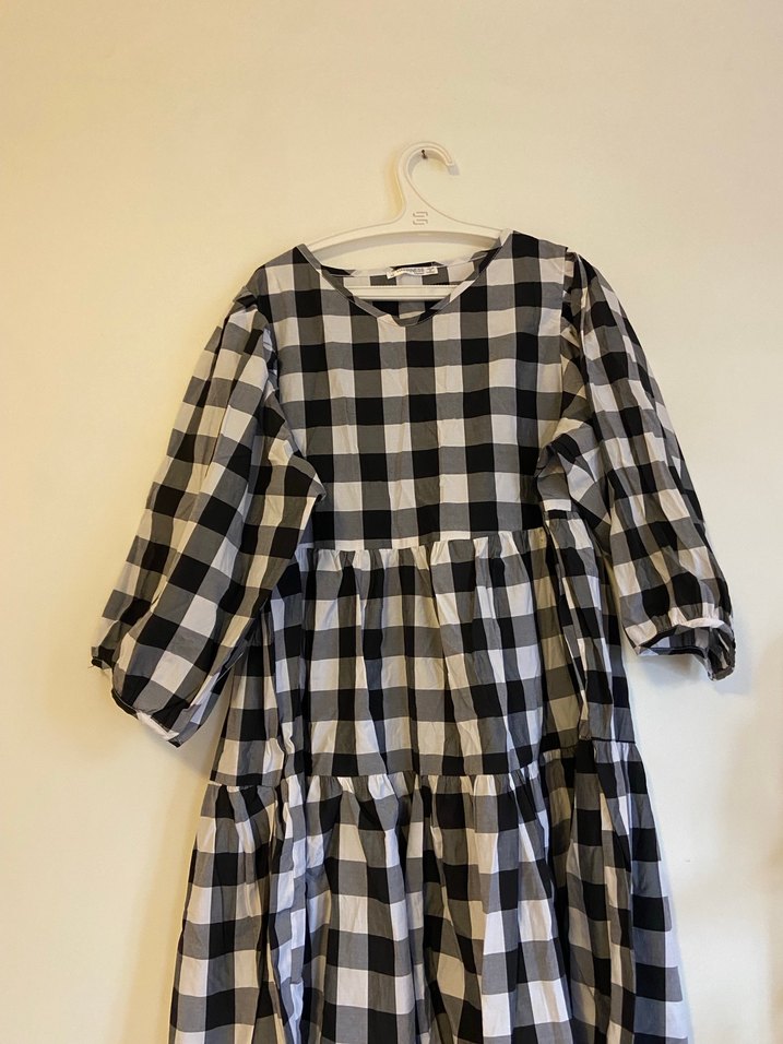 Gri Ekose Fırfırlı Midi Elbise - Görsel 3