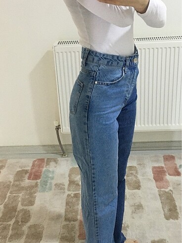 32 Beden iki renkli koton wide leg jean