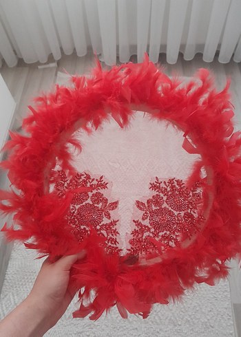 Kırmızı Dantelli Tüylü Bohem Gelin defi Led ışıklı - Görsel 2