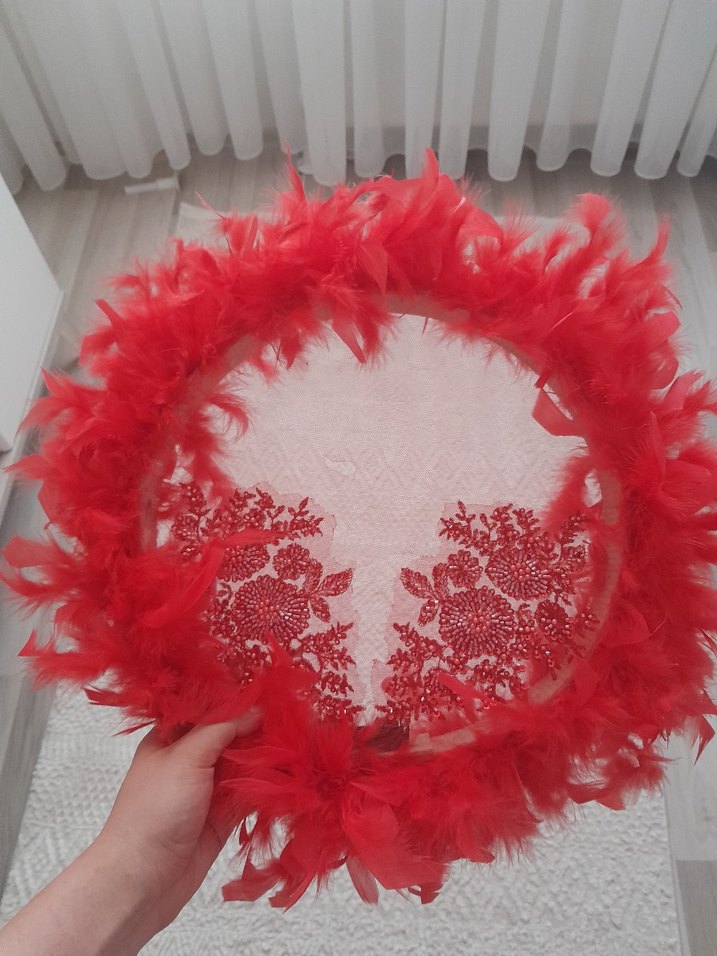 Kırmızı Dantelli Tüylü Bohem Gelin defi Led ışıklı - Görsel 2