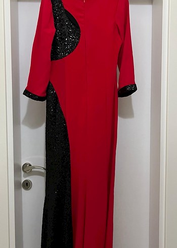 Uzun Kollu Kırmızı Siyah Drapeli Abiye Elbise - Görsel 2