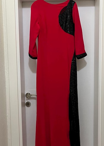 Uzun Kollu Kırmızı Siyah Drapeli Abiye Elbise - Görsel 3