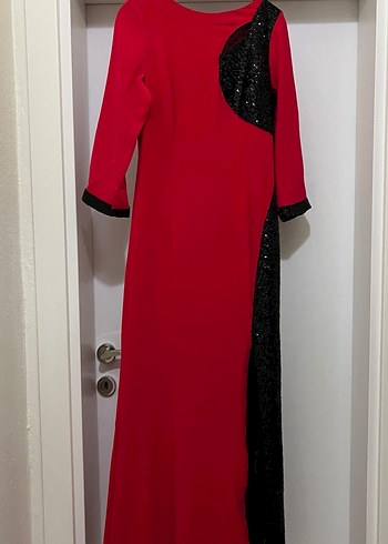 Uzun Kollu Kırmızı Siyah Drapeli Abiye Elbise - Görsel 5
