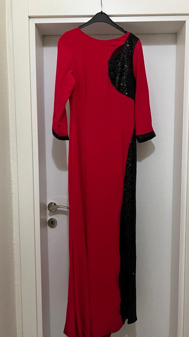 Uzun Kollu Kırmızı Siyah Drapeli Abiye Elbise - Görsel 4