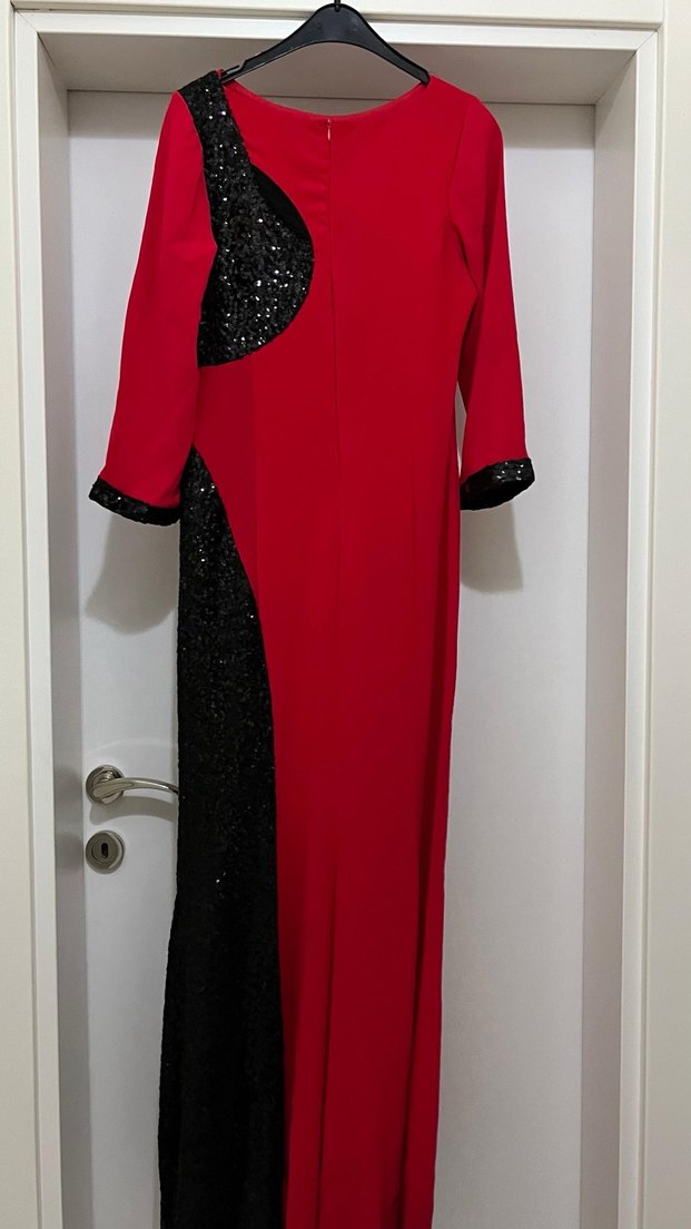 Uzun Kollu Kırmızı Siyah Drapeli Abiye Elbise - Görsel 2