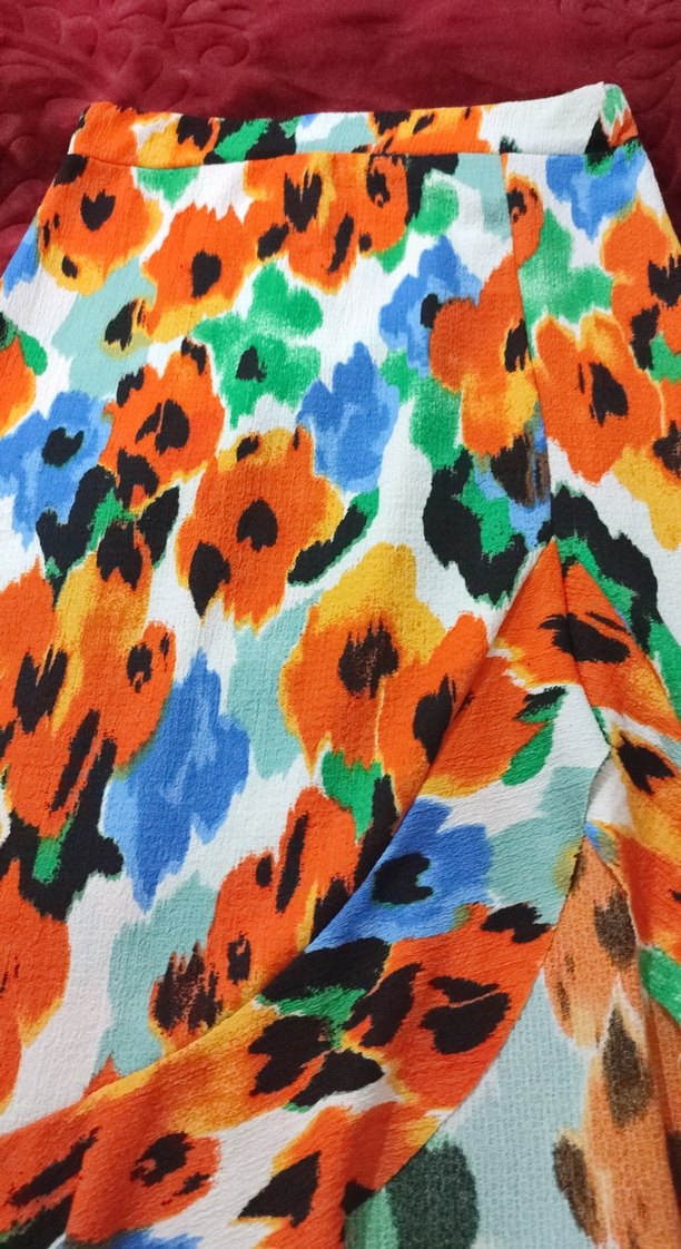 Renkli Bağlama Desenli yırtmaçlı Midi Etek - Görsel 2