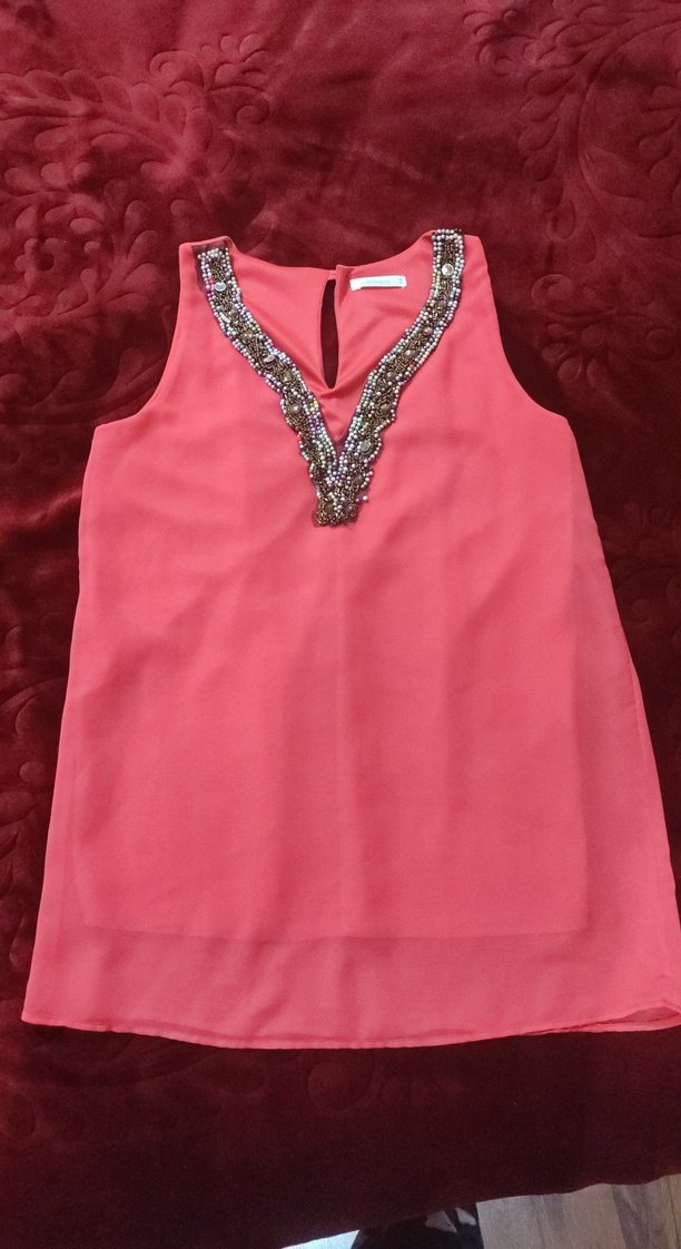 Nar çiçeği V Yaka Boncuk İşlemeli Kolsuz Bluz - Görsel 4