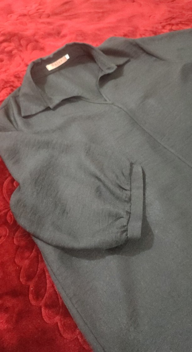 siyah Keten Kadın Gömlek, Salaş Kesim, yarım Kollu - Görsel 2