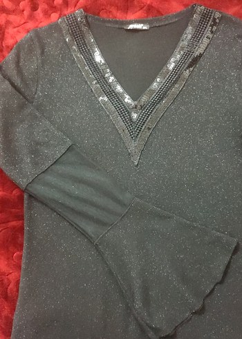 V Yaka Uzun Kollu siyah simli Bluz - Görsel 2