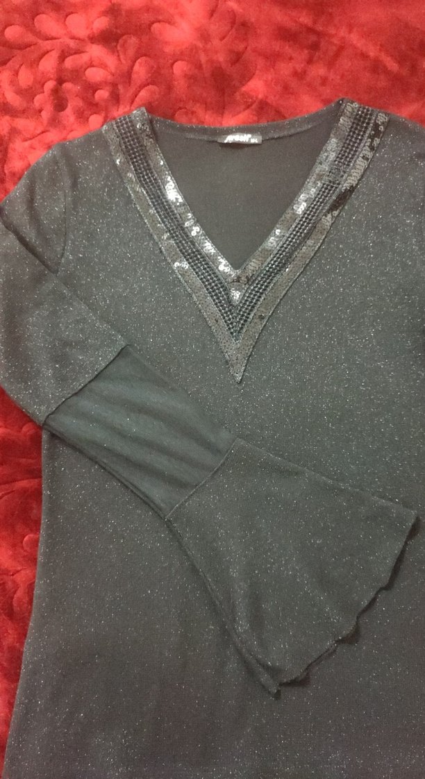 V Yaka Uzun Kollu siyah simli Bluz - Görsel 2