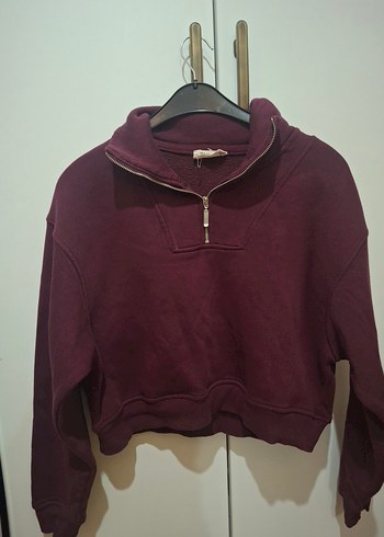 Bordo Yarım Fermuarlı Kadın Sweatshirt - Görsel 2