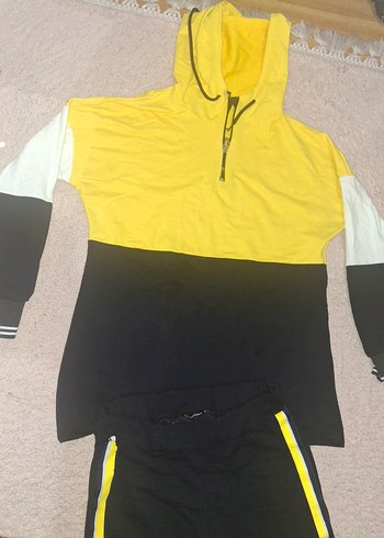 Sarı Siyah Kadın Kapüşonlu Eşofman Takımı - Görsel 5
