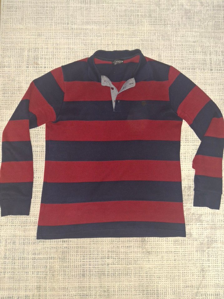 Bordo Lacivert Çizgili Uzun Kollu Polo Tişört - Görsel 2