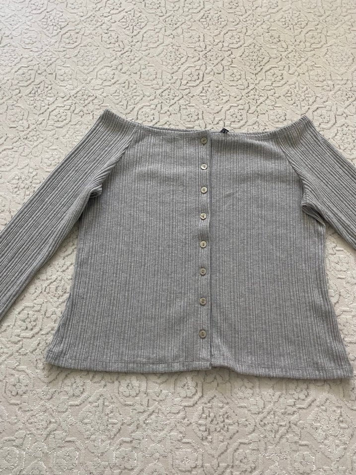 Düğmeli Gri Kadın Triko Bluz - Görsel 2