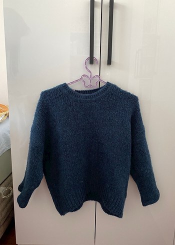 Kadın Mavi Örgü Salaş Bisiklet Yaka Kazak - Görsel 4