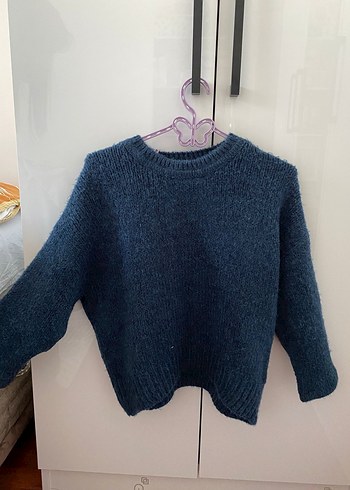 Kadın Mavi Örgü Salaş Bisiklet Yaka Kazak - Görsel 3