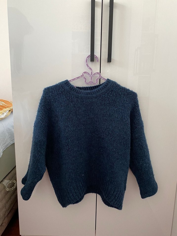 Kadın Mavi Örgü Salaş Bisiklet Yaka Kazak - Görsel 4