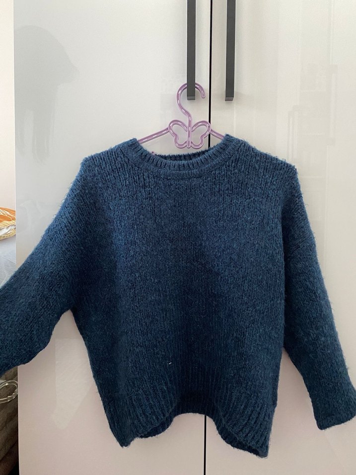 Kadın Mavi Örgü Salaş Bisiklet Yaka Kazak - Görsel 2