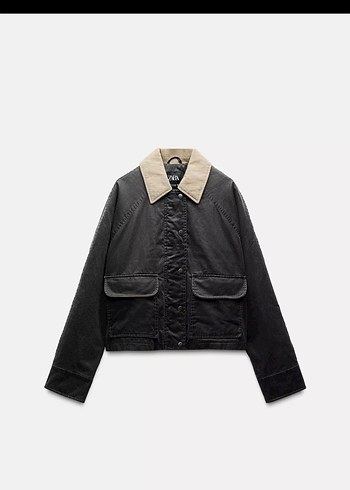 Düğmeli Bej Yakalı Gri Denim Ceket