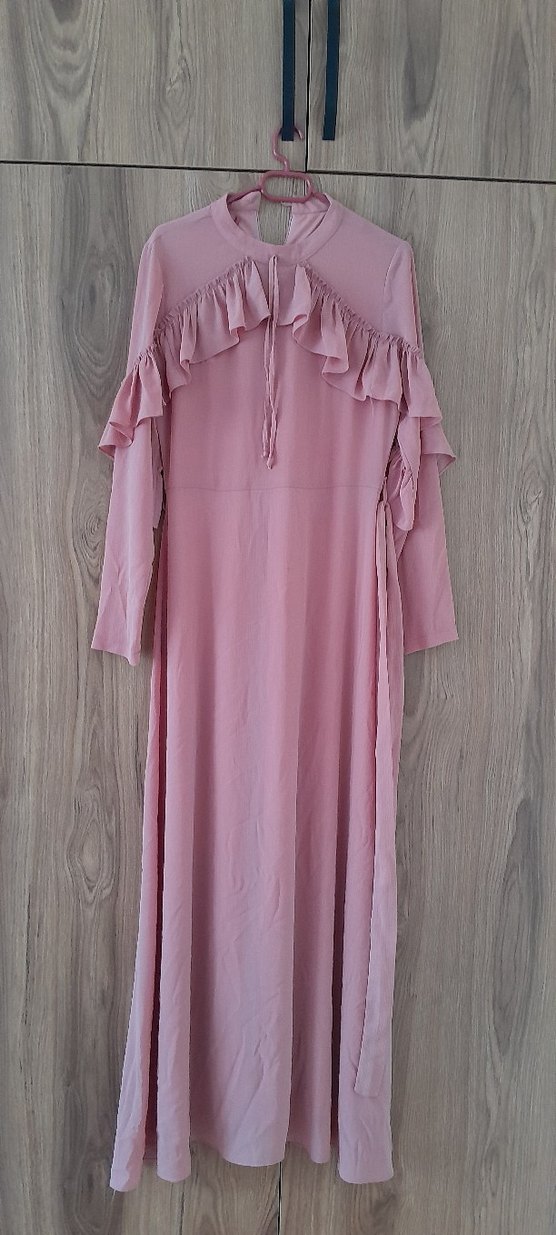 Diger Pembe Uzun Kollu Fırfırlı Uzun Elbise - Görsel 3