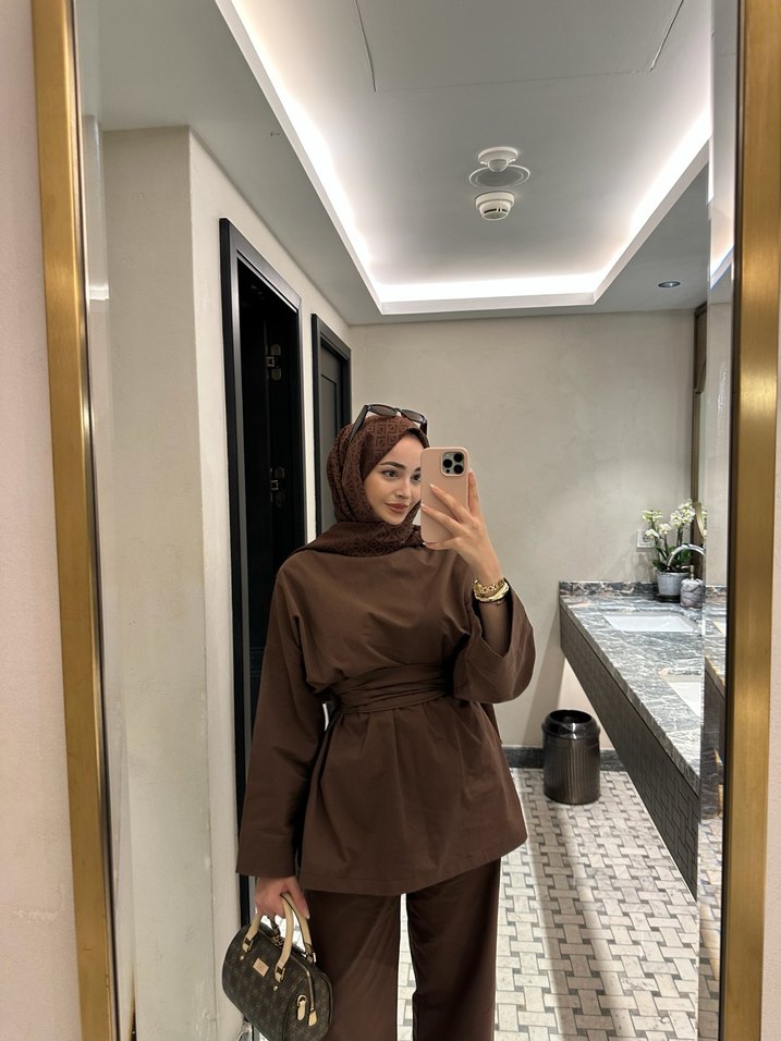 Kahverengi Kemerli Kadın Keten Tulum - Görsel 2