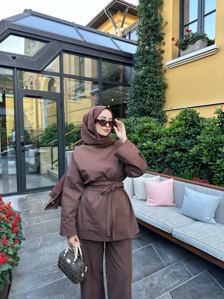 Kahverengi Kemerli Kadın Keten Tulum - Görsel 3