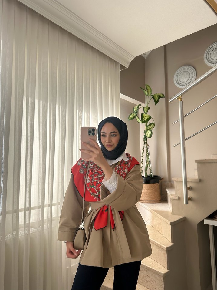 Cep Detaylı Kuşaklı Midi Kadın Kimono trençkot - Görsel 2