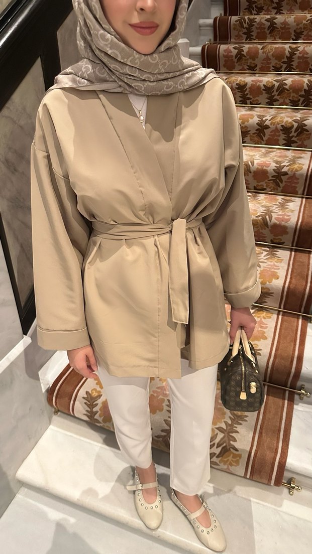 Cep Detaylı Kuşaklı Midi Kadın Kimono trençkot - Görsel 4