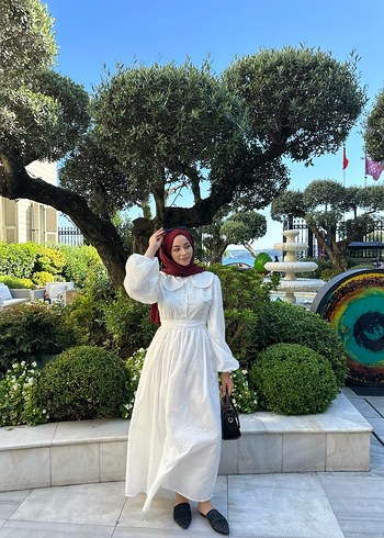 diğer Beden Pamuklu Bohem Etnik Desenli Uzun Beyaz Elbise