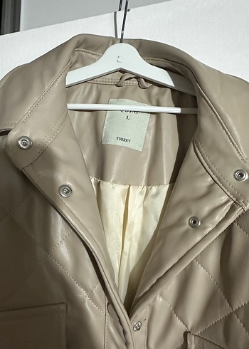 Düğmeli Bej Deri Kadın Ceket - Görsel 2