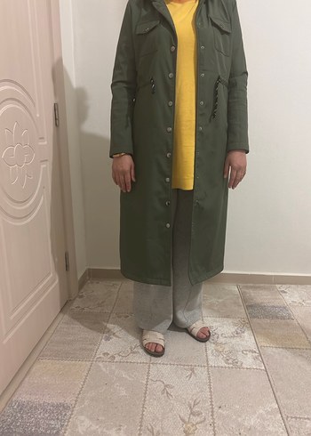 Düğmeli Uzun Haki Kadın Kaban - Görsel 5