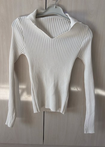 V Yaka Beyaz Triko Kadın Kazak - Görsel 2