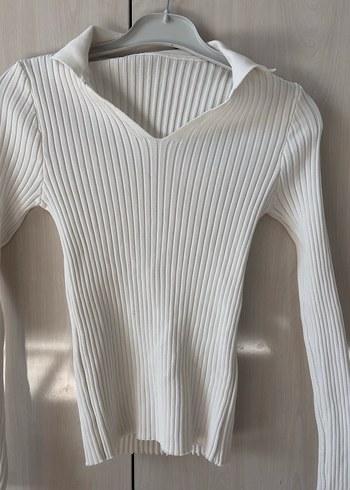 V Yaka Beyaz Triko Kadın Kazak - Görsel 3